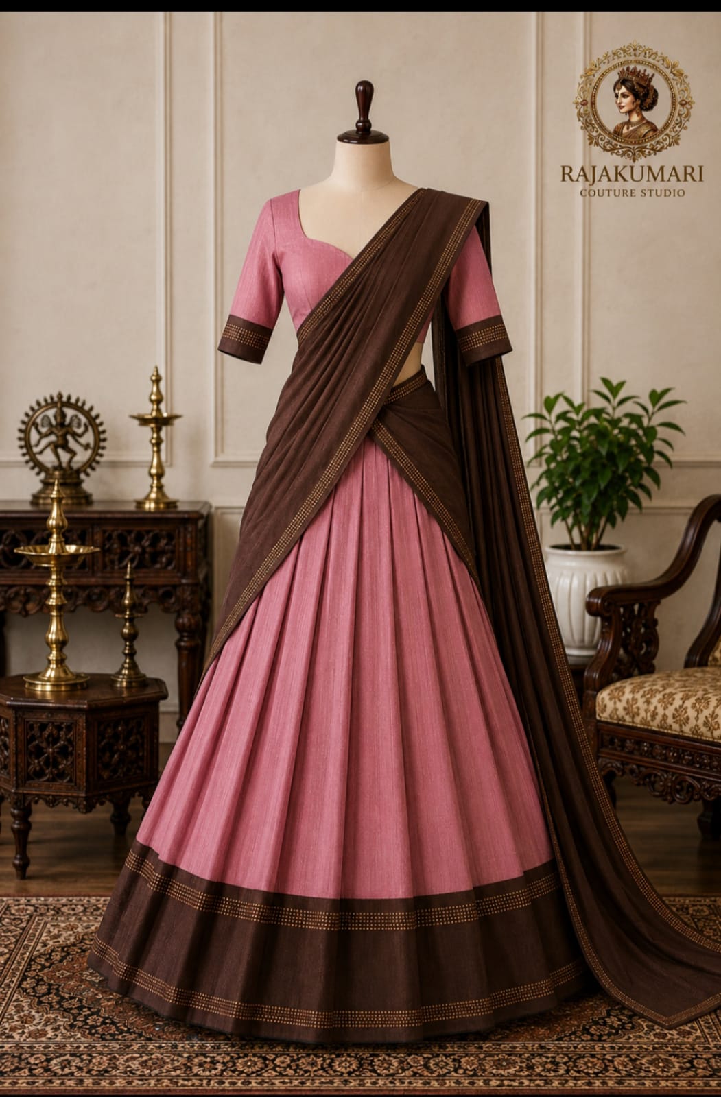 A pink and brown traditional Indian lehenga choli set displayed on a mannequin in an ornate room. The outfit features a pink skirt, a pink blouse with brown sleeves, and a dark brown draped dupatta with a decorative border.